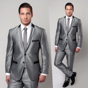 Shiny Silver Men's 2-Piece Suit w/ Black Back Collar by Tazzio